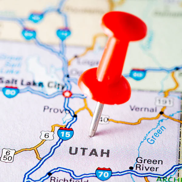 Map with a pin on the state of Utah